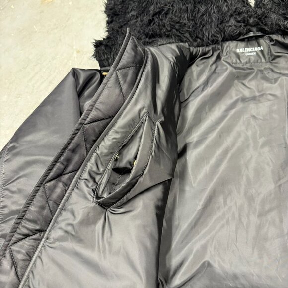 Balenciaga Hooded Bomber Jacket Faux Fur Hood Oversized Zip Blackk Large - Picture 14 of 14